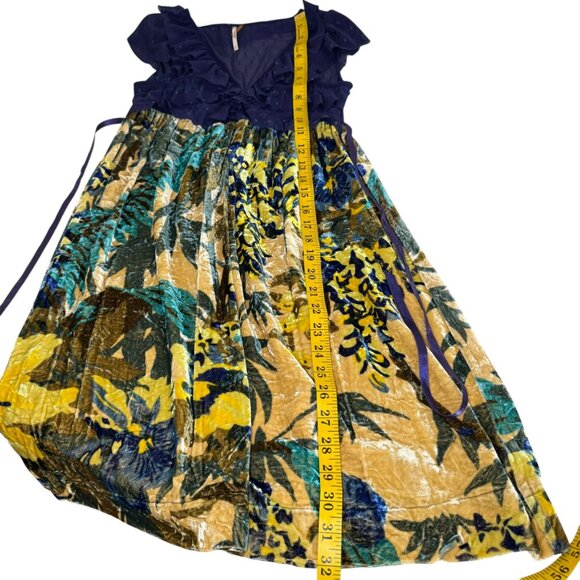 Free People Velvet Burnout Floral Mini Dress Blue Yellow Ruffle Mesh Bodice SZ:S - Picture 3 of 7